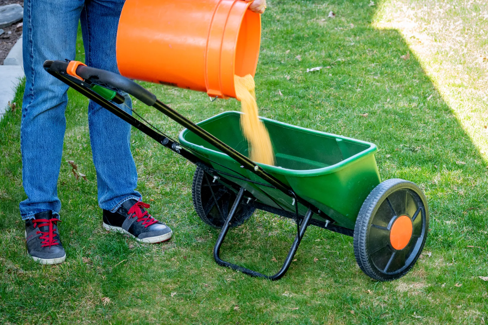 Food for a lawn is added to a chemical spreader